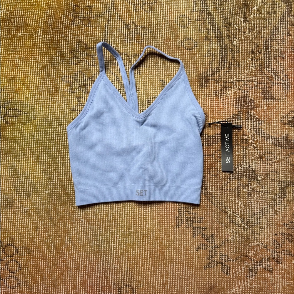 BNWT SET Active Ribbed Halter Sports Bra in Blue Lagoon